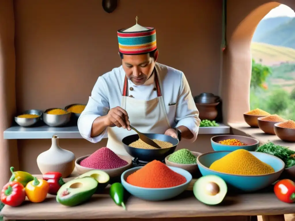 Un chef peruano prepara con destreza quinua en una cocina tradicional, resaltando la rica herencia culinaria