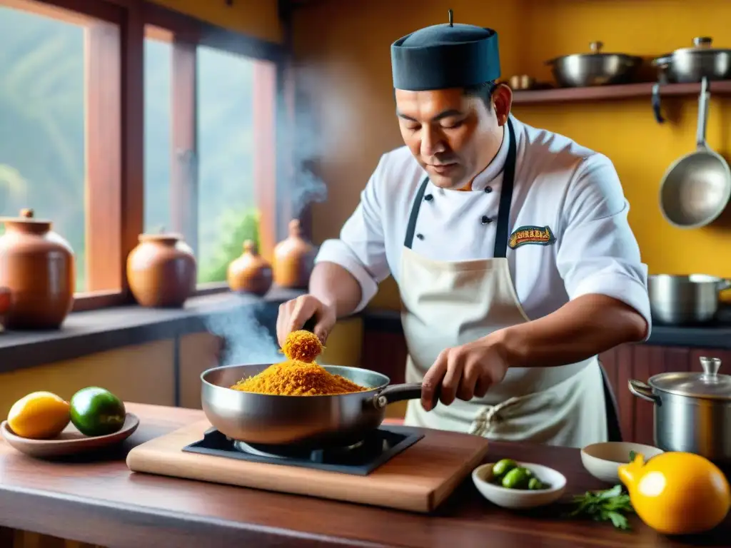 Un chef peruano prepara con destreza una receta tradicional de Ají de Gallina en una cocina auténtica