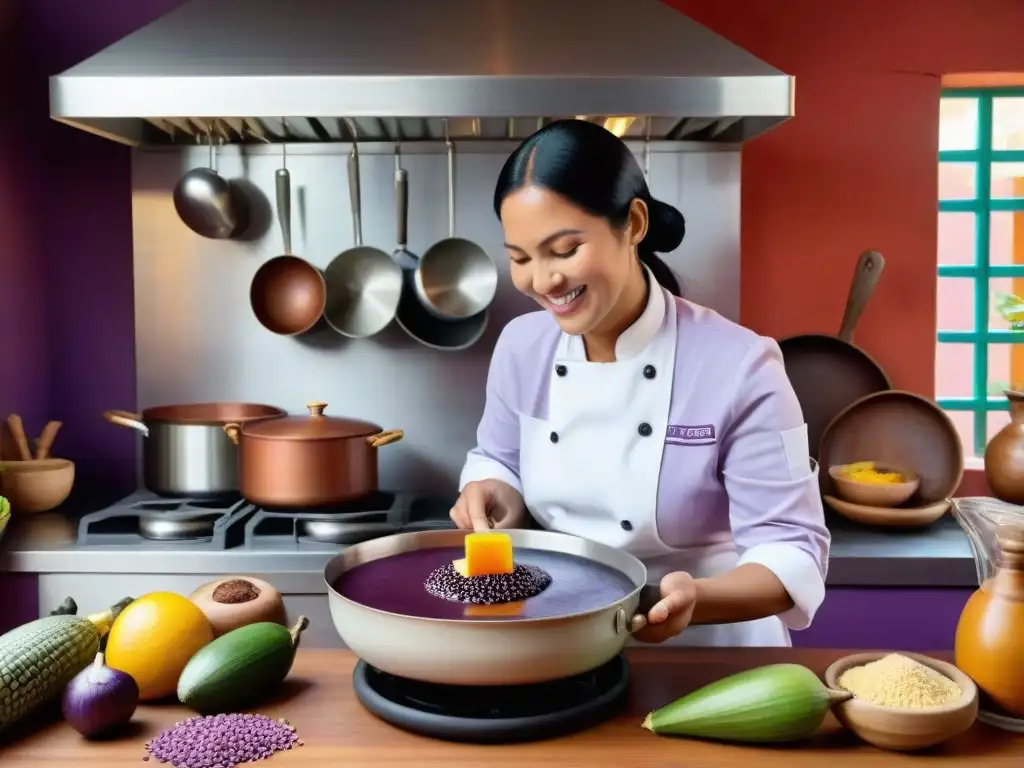 Un chef peruano preparando con destreza una receta tradicional Mazamorra Morada en una cocina bulliciosa y llena de ingredientes locales coloridos