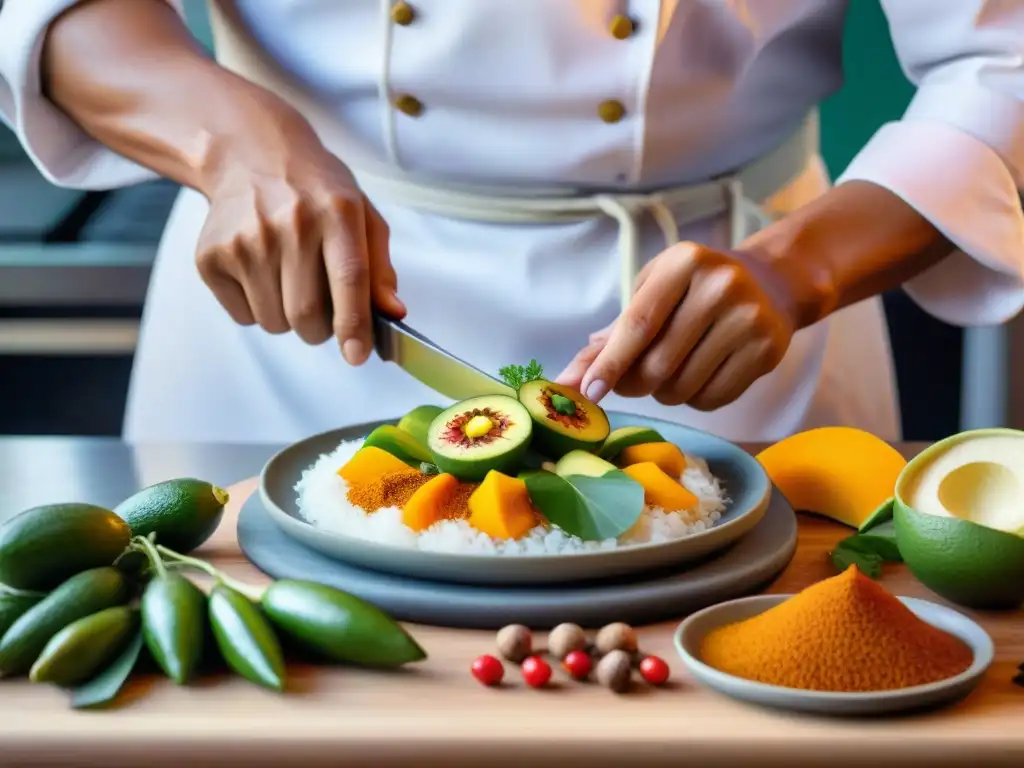 Un chef peruano prepara con destreza una receta con tara, resaltando los beneficios y usos de la tara en la gastronomía peruana