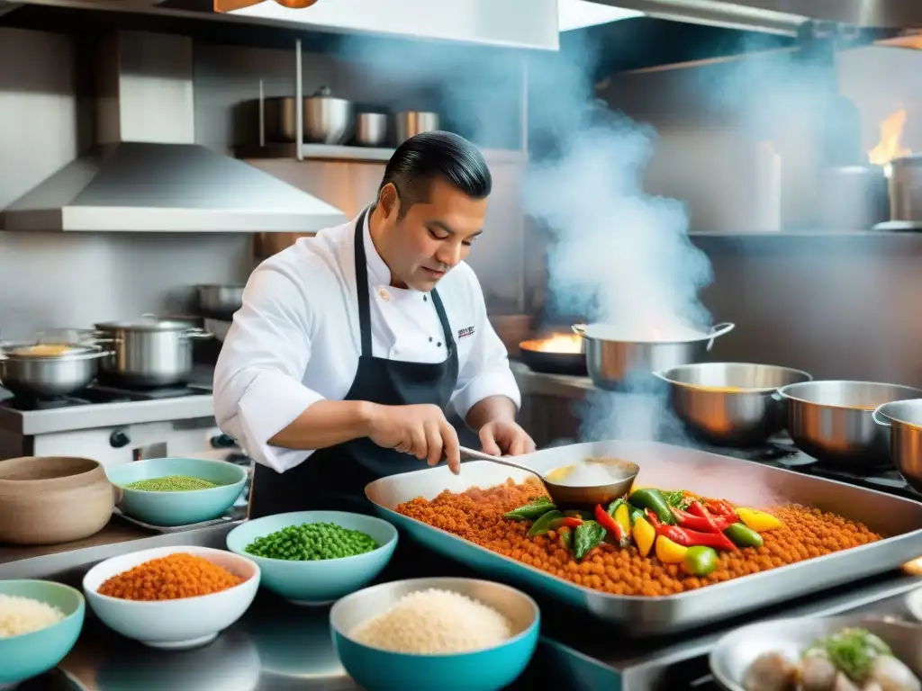 Un chef peruano prepara con destreza una receta picante de mariscos en una bulliciosa cocina llena de ingredientes vibrantes