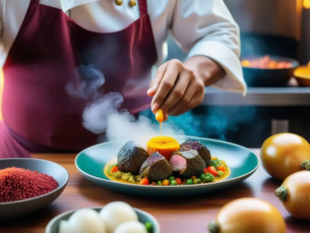 Un chef peruano prepara con destreza un rocoto relleno en una cocina tradicional, resaltando la rica tradición culinaria peruana