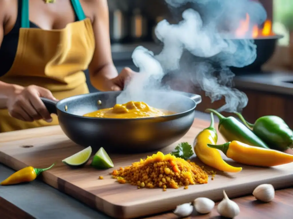 Un chef peruano preparando con destreza la salsa aji amarillo, revelando los secretos de los sabrosos aderezos