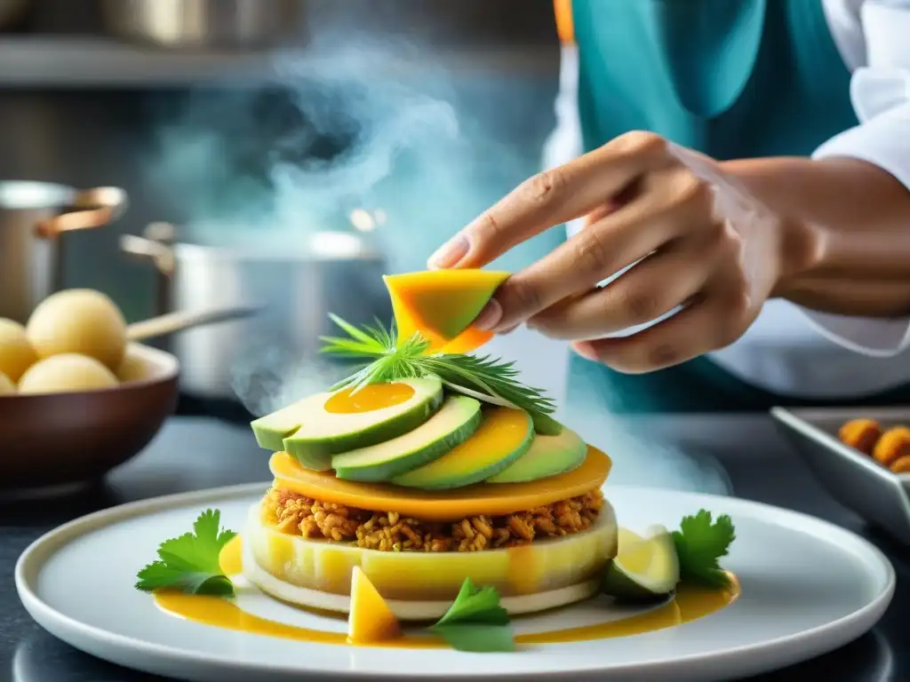 Un chef peruano crea con destreza una torre de Causa Limeña, rodeado de caos y color en la cocina