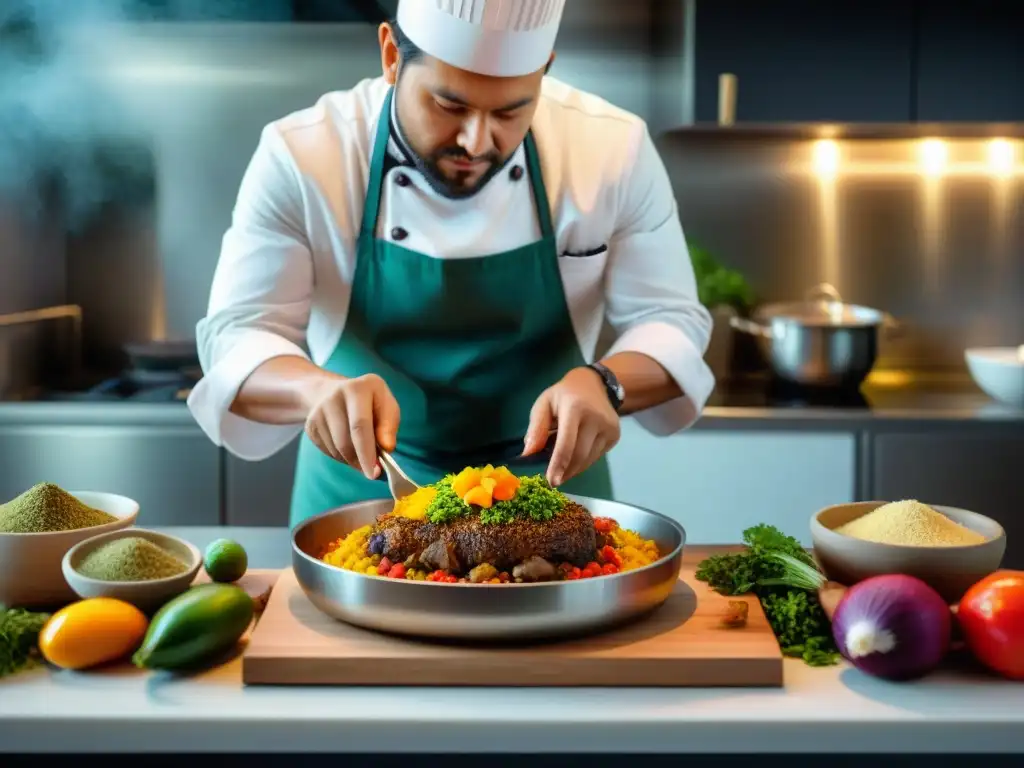 Un chef peruano preparando con destreza el tradicional plato peruano Cuy Chactado en una cocina moderna