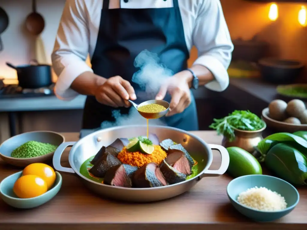 Un chef peruano prepara con destreza el tradicional plato peruano Cuy Chactado, resaltando la autenticidad culinaria