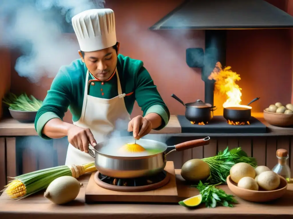 Un chef peruano prepara con destreza un tradicional caldo de cabeza en una cocina colorida y auténtica