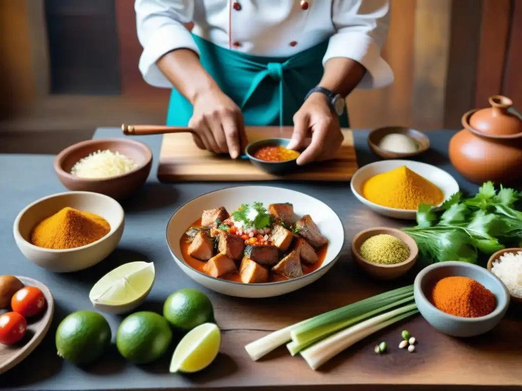 Un chef peruano marina con destreza trozos frescos de pescado para anticuchos, rodeado de ingredientes tradicionales en una cocina profesional