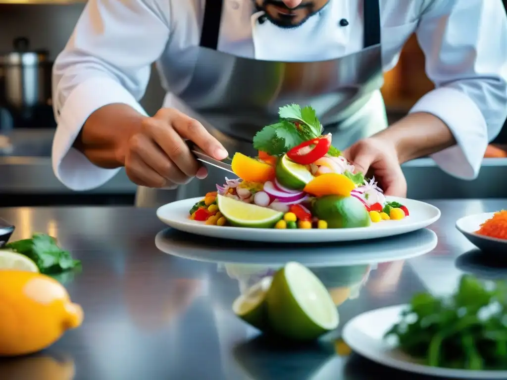 Un chef peruano ensambla con detalle un ceviche auténtico en cocina moderna