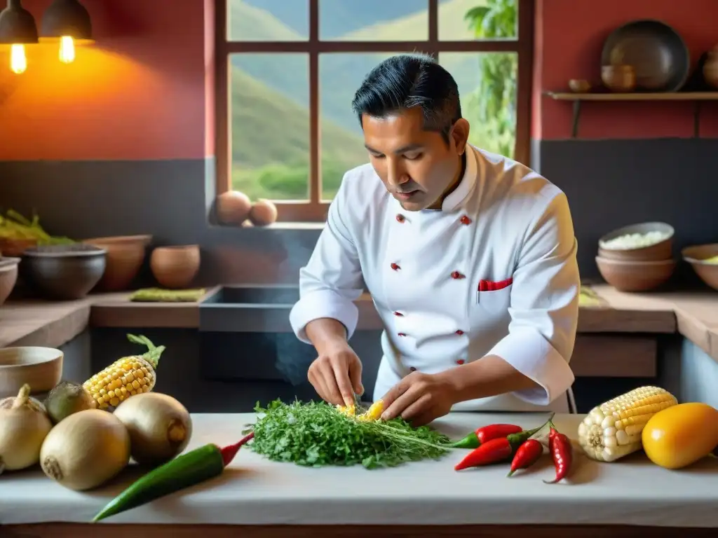 Un chef peruano prepara con detalle un Picante de Cuy en una cocina tradicional andina