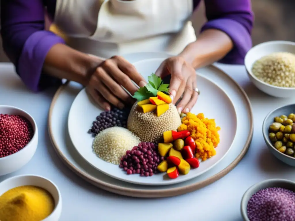 Un chef peruano prepara con detalle un plato de quinua gourmet Perú con ingredientes vibrantes y coloridos