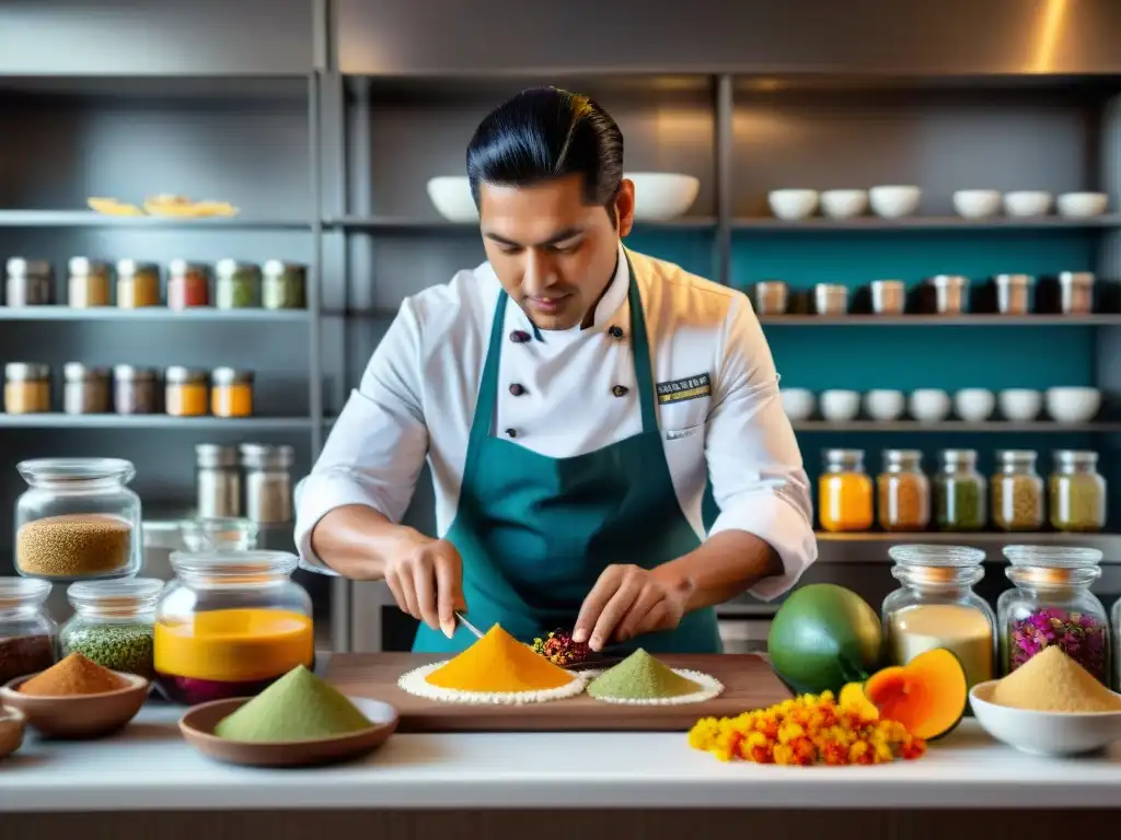 Un chef peruano fusionando internacionalmente dulces peruanos con ingredientes y técnicas globales en una cocina vibrante