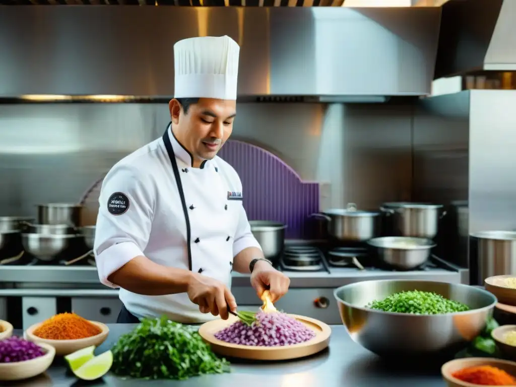 Un chef peruano enérgico prepara ceviche rodeado de ingredientes vibrantes