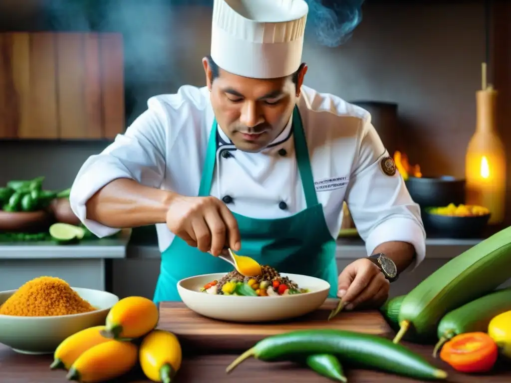 Un chef peruano enérgico preparando un plato amazónico rodeado de ingredientes exóticos