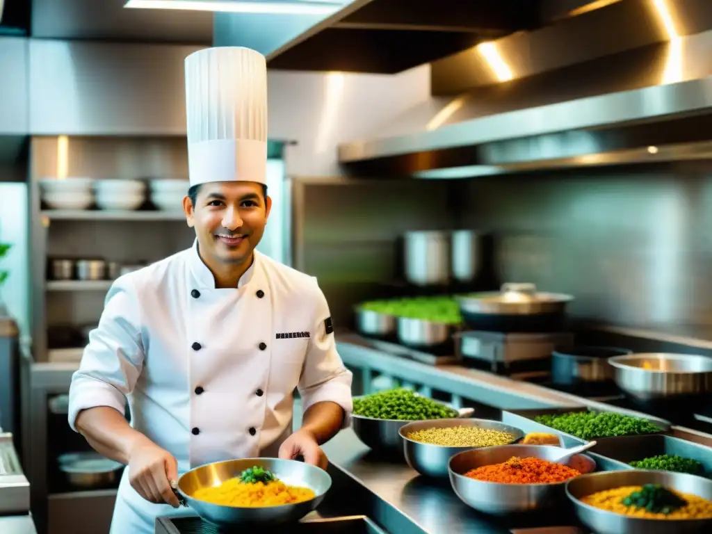 Un chef peruano enérgico y sostenible preparando plato en restaurante de Lima con personal y prácticas eco