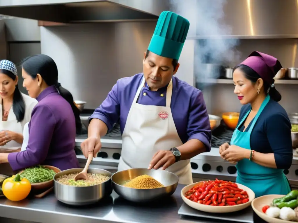 Un chef peruano enérgico enseña técnicas culinarias a un grupo diverso en una cocina bulliciosa