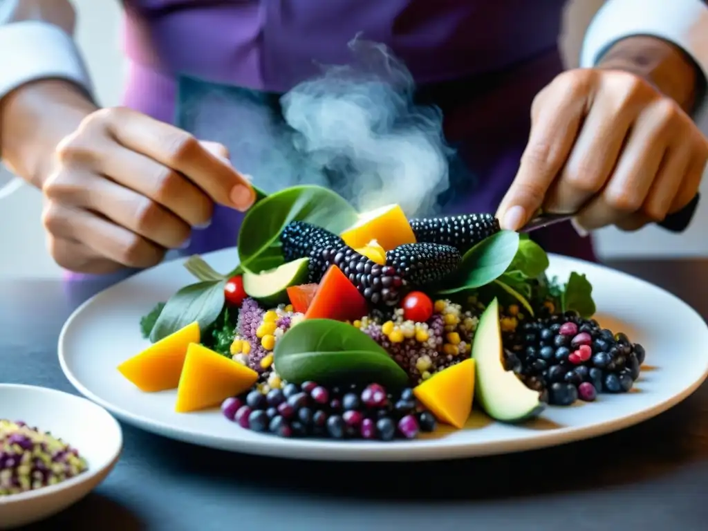 Un chef peruano crea con maestría una ensalada de superfoods peruanos en un plato blanco, en una cocina vanguardia