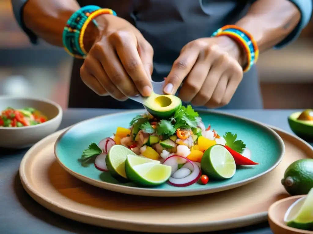 Un chef peruano presenta con equilibrio un ceviche vibrante en una exquisita presentación culinaria