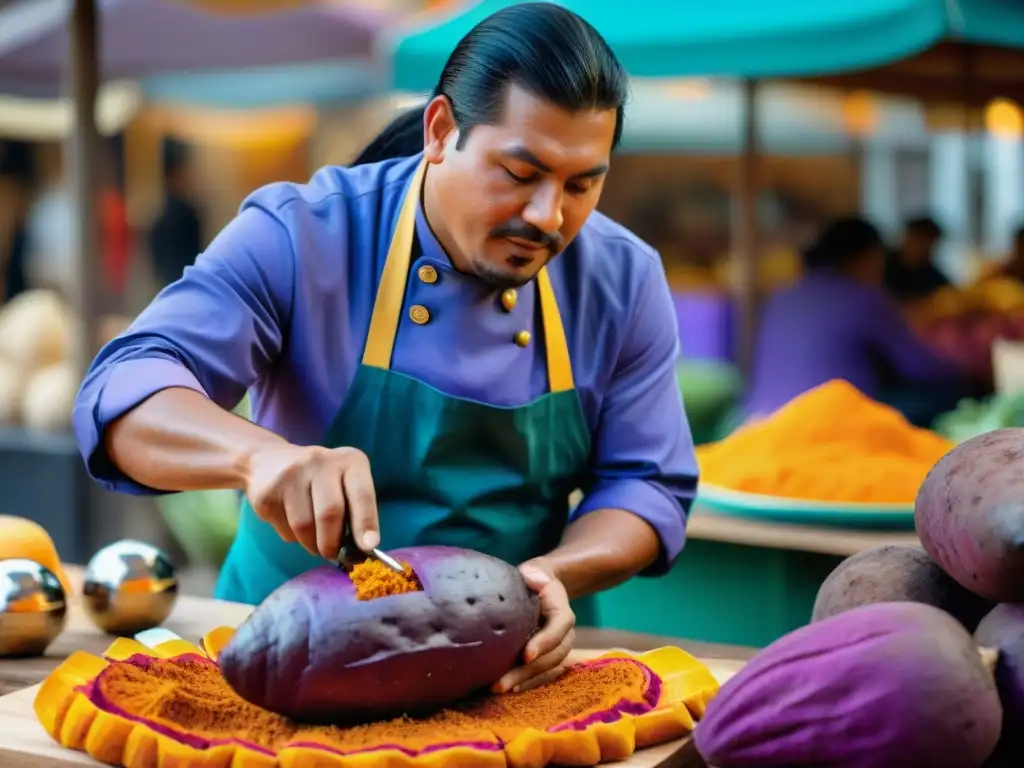 Un chef peruano crea esculturas comestibles comida peruana con una papa morada, en un animado mercado de Lima