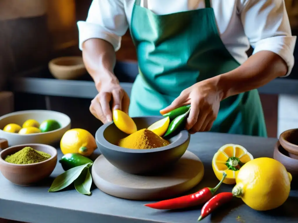 Un chef peruano preparando con esmero una auténtica receta de pasta de ají peruana en una cocina tradicional llena de ingredientes coloridos