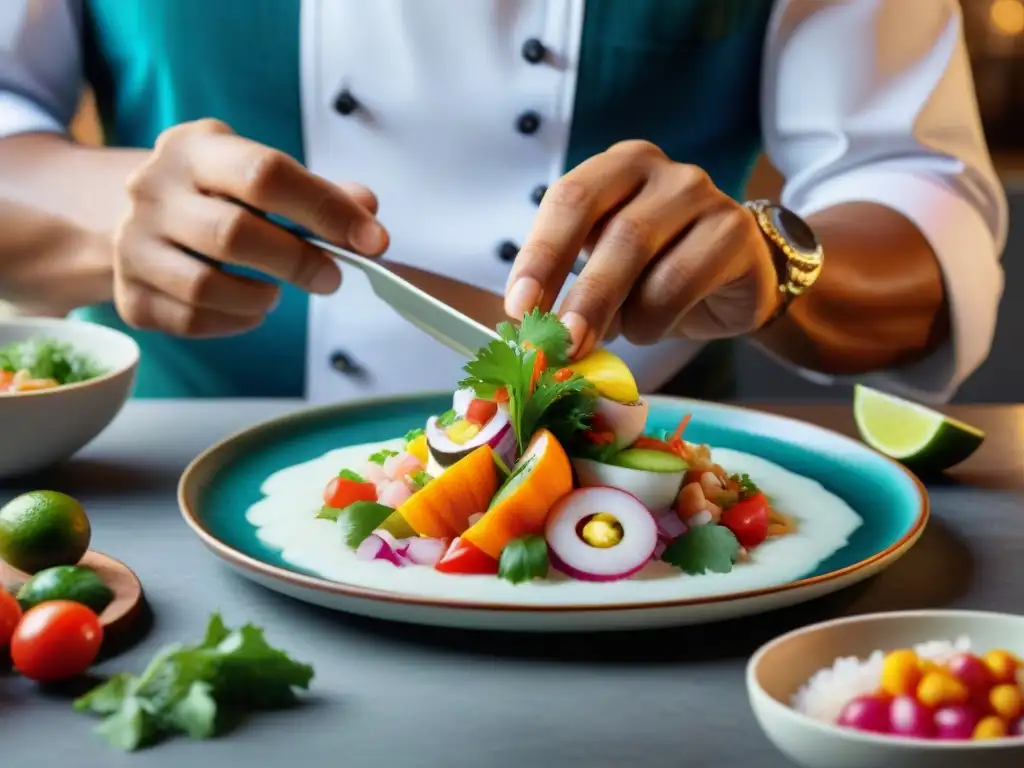 Un chef peruano prepara con esmero un ceviche vibrante en una presentación culinaria detallada y colorida