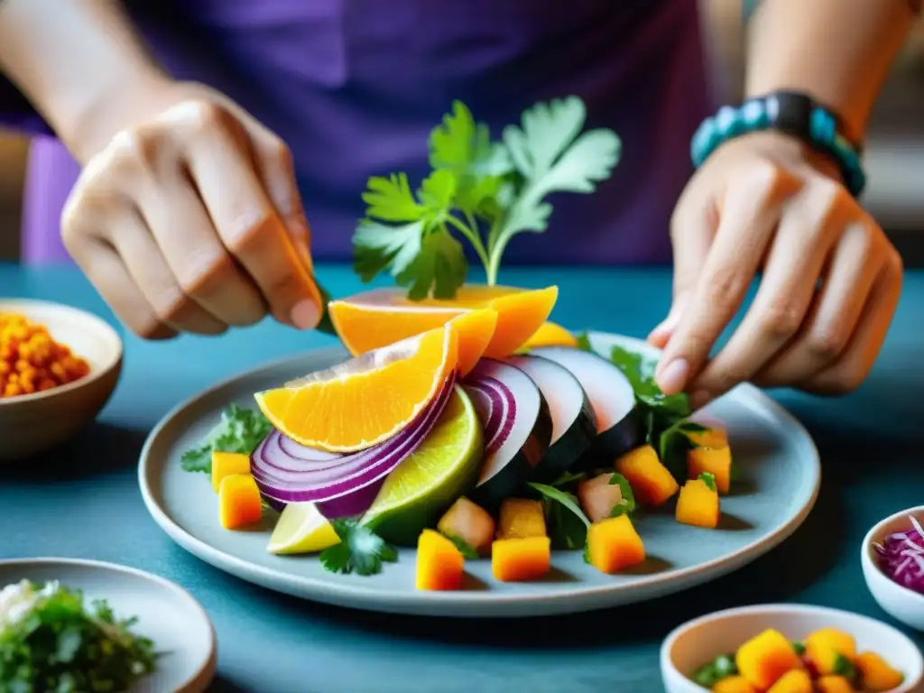 Un chef peruano preparando con esmero un ceviche con ingredientes autóctonos en una cocina tradicional