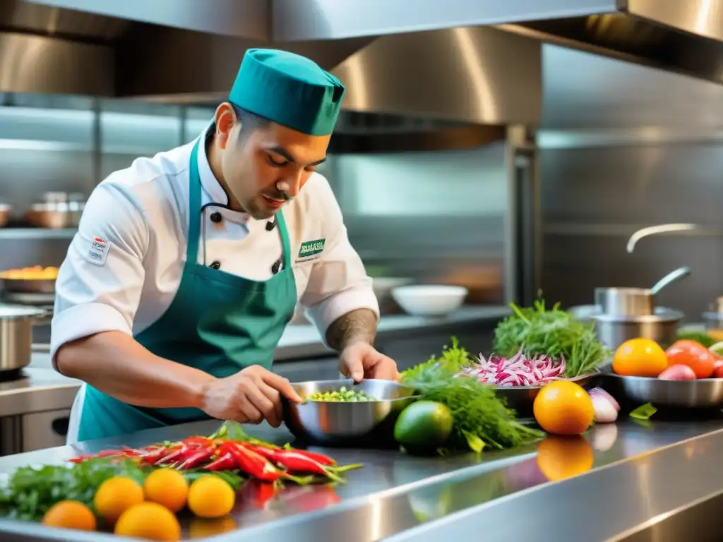 Un chef peruano en Nanka prepara con esmero un ceviche sostenible rodeado de ingredientes vibrantes