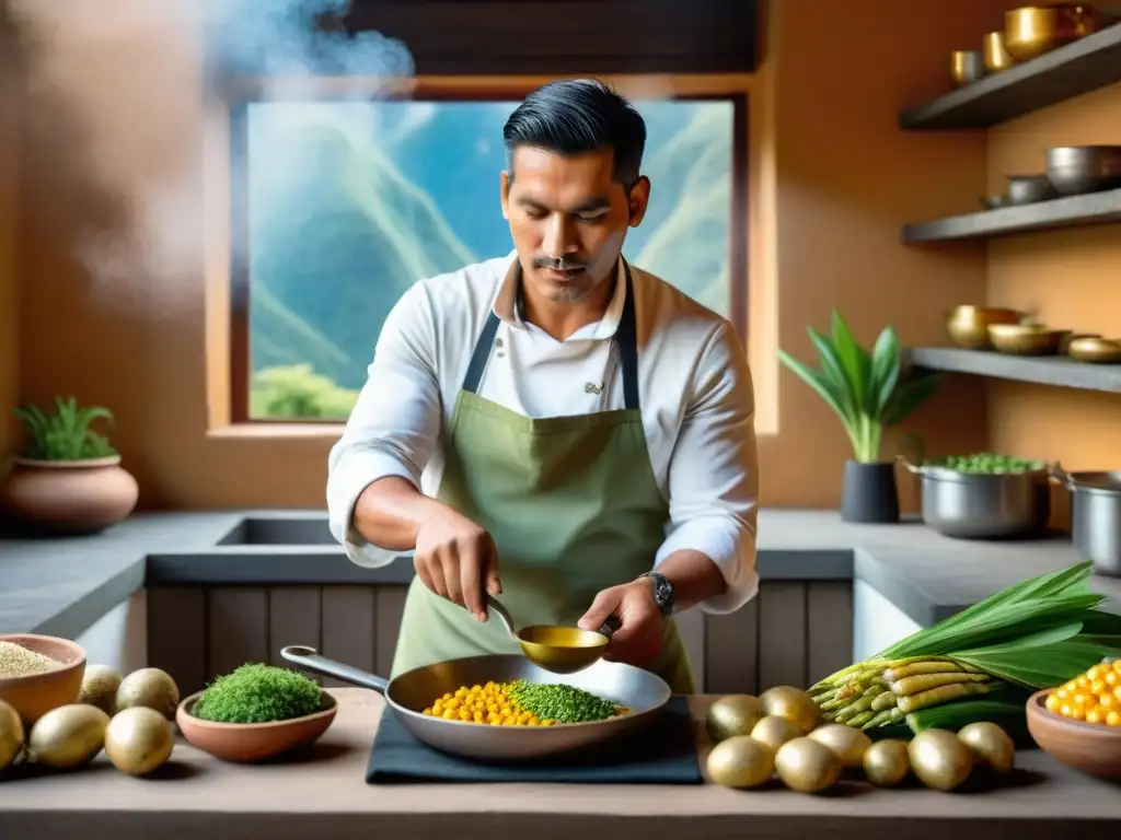 Un chef peruano prepara con esmero un delicioso Ajiaco de Olluco en una cocina tradicional, resaltando los beneficios nutricionales del plato