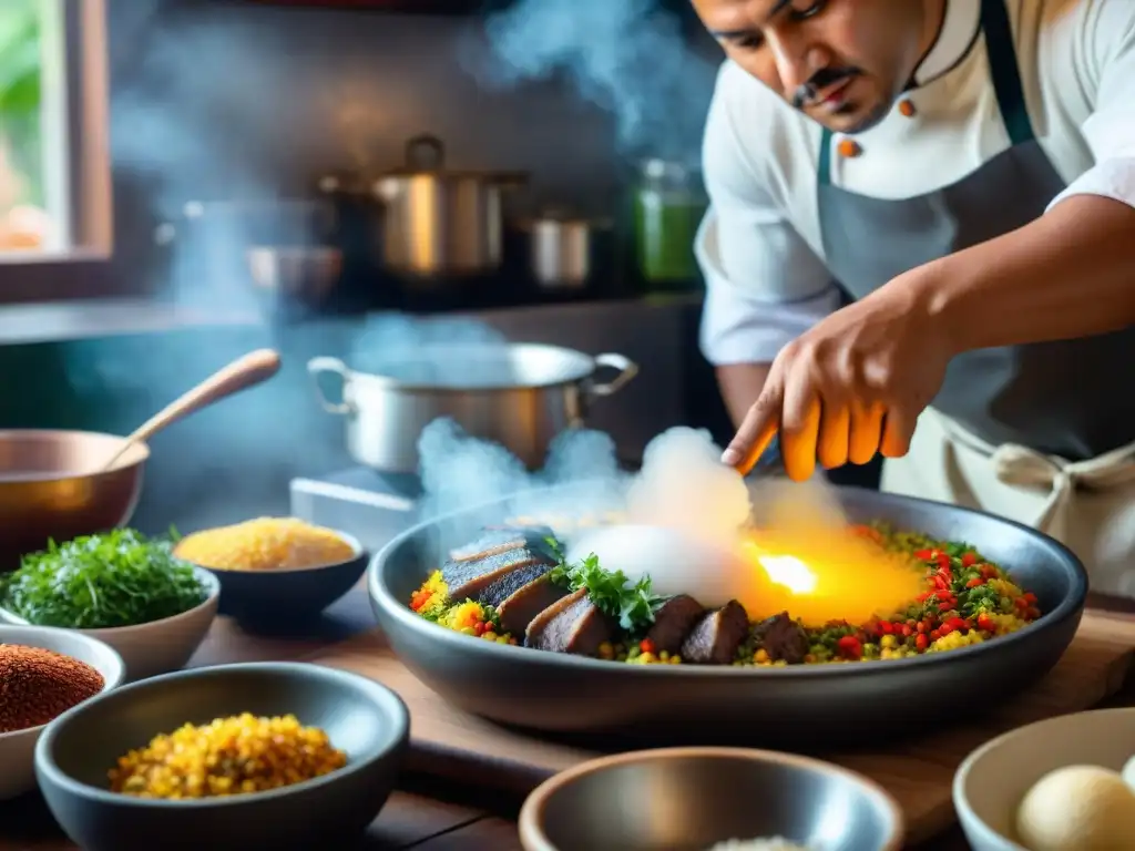 Un chef peruano preparando con esmero un delicioso Arroz con Pato a la Chiclayana con ingredientes frescos