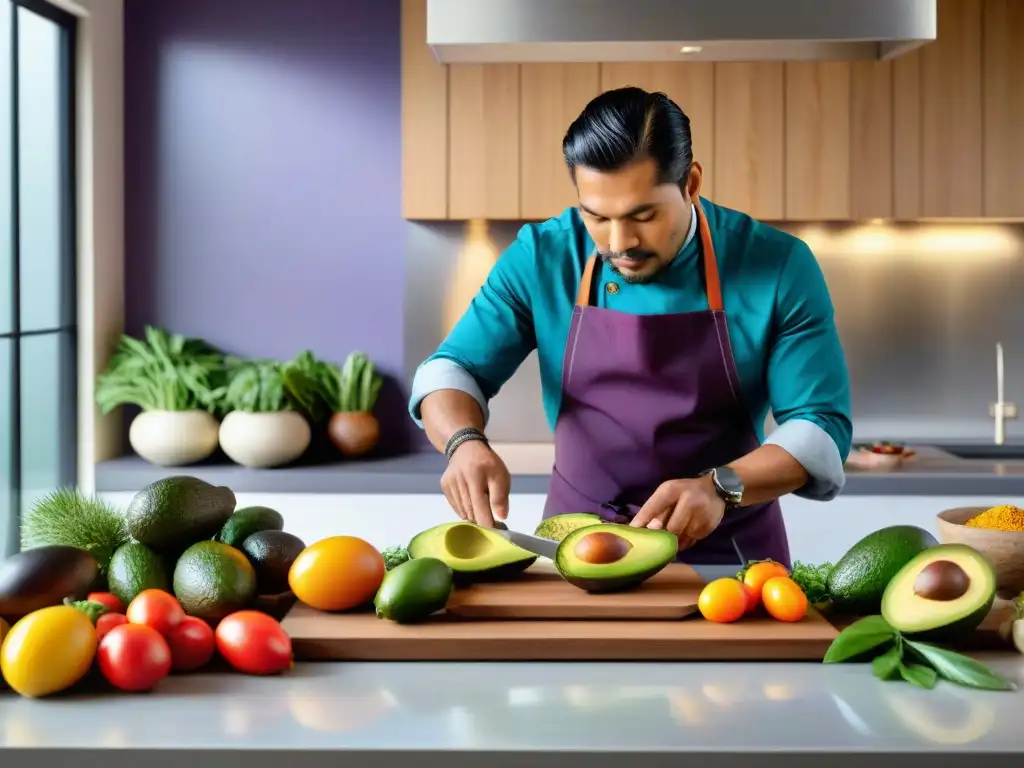 Chef peruano: arte culinario con ingredientes orgánicos Un chef peruano organiza con esmero ingredientes peruanos orgánicos en una cocina moderna