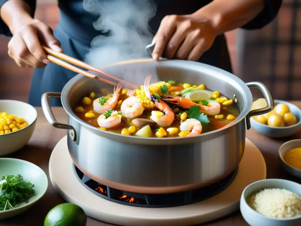 Un chef peruano preparando con esmero una receta auténtica de Chupe de Camarones, capturando la esencia culinaria del Perú