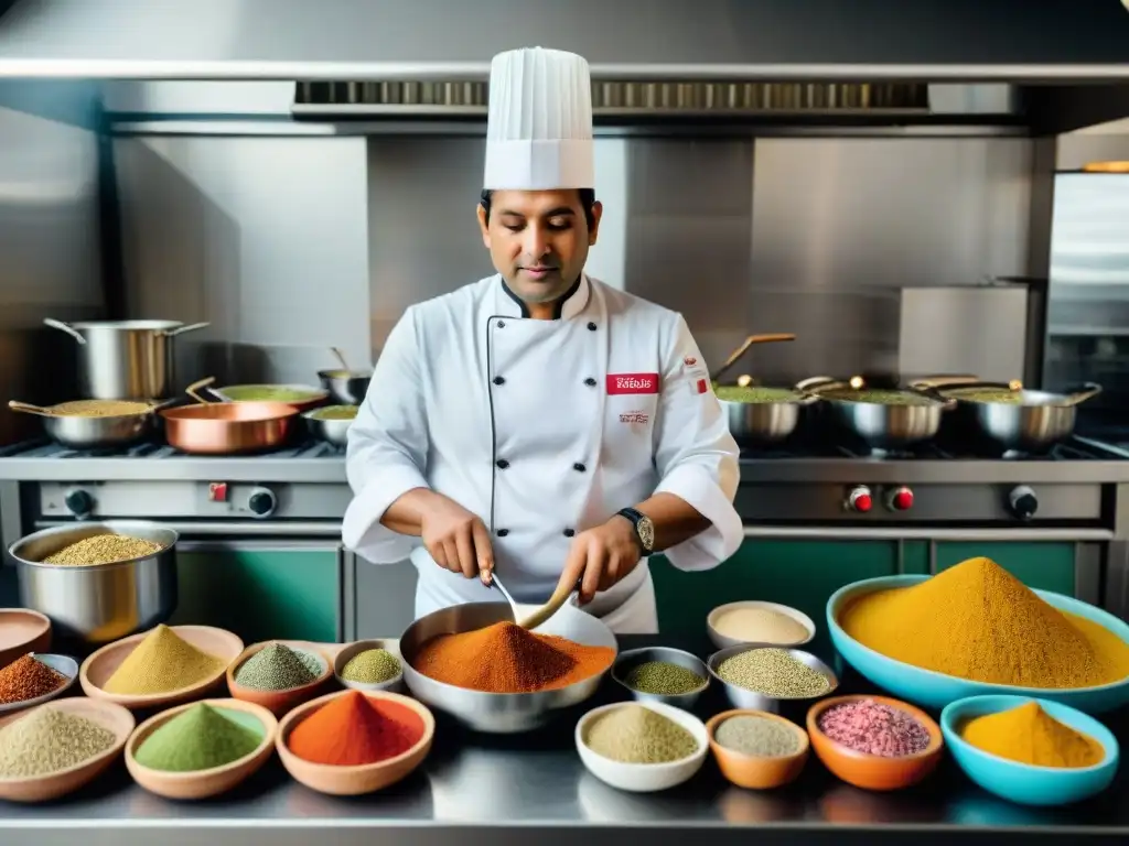 Chef peruano mezclando especias árabes en cocina, representando la fusión de cocina árabe en gastronomía peruana