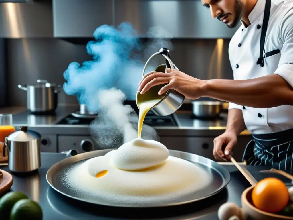 Chef peruano creando espumas y aires con sifón en cocina moderna