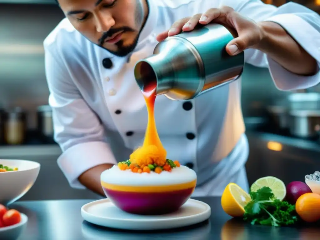 Chef peruano creando espumas en ceviche, con técnica y pasión