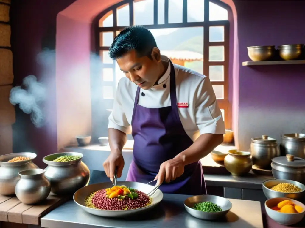 Un chef peruano estrella Michelin preparando un plato con ingredientes peruanos, simbolizando su historia de superación