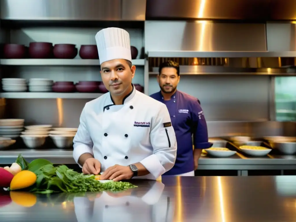 Chef peruano estrella Michelin historia supervisa la creación de ceviche, rodeado de equipo en su vibrante cocina