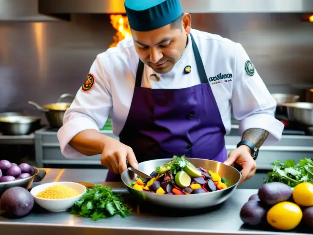 Chef peruano estrella Michelin historia preparando ceviche con pasión y destreza en cocina vibrante