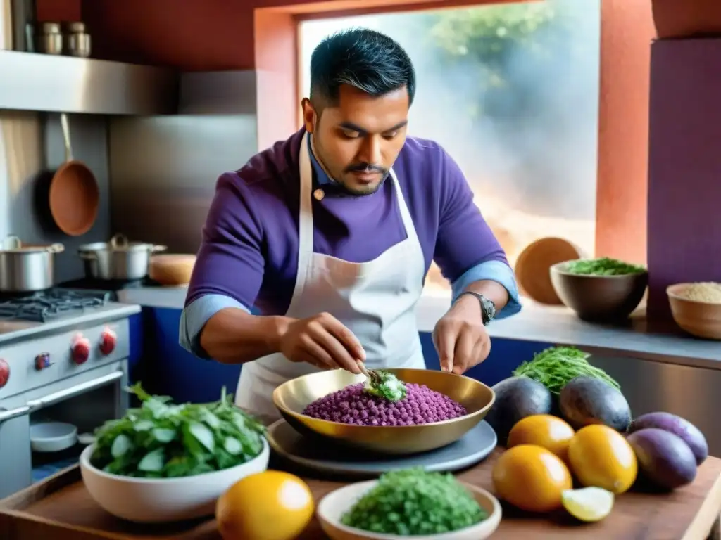 El chef peruano estrella Michelin historia, Virgilio Martínez, elaborando un ceviche en una cocina peruana vibrante