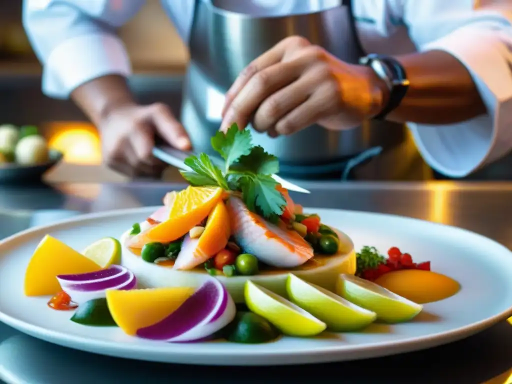 El chef peruano crea meticulosamente etiqueta en la alta cocina peruana con ceviche fresco y colorido