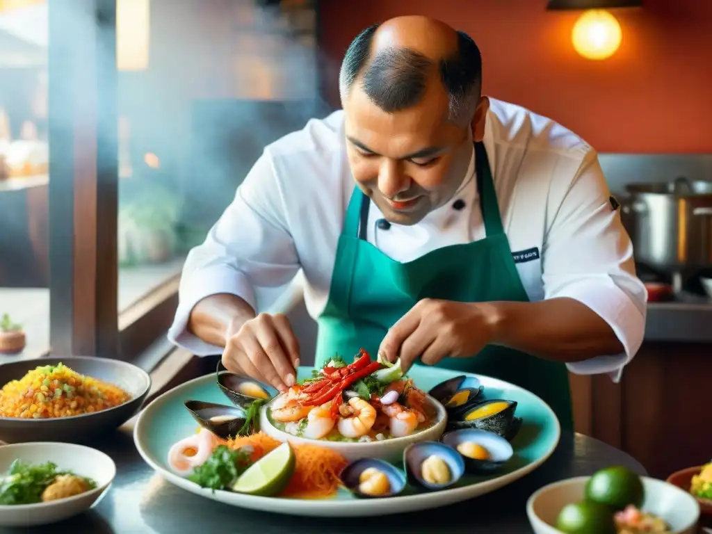 Un chef peruano experimentado preparando un ceviche tradicional con mariscos frescos, limes y cilantro