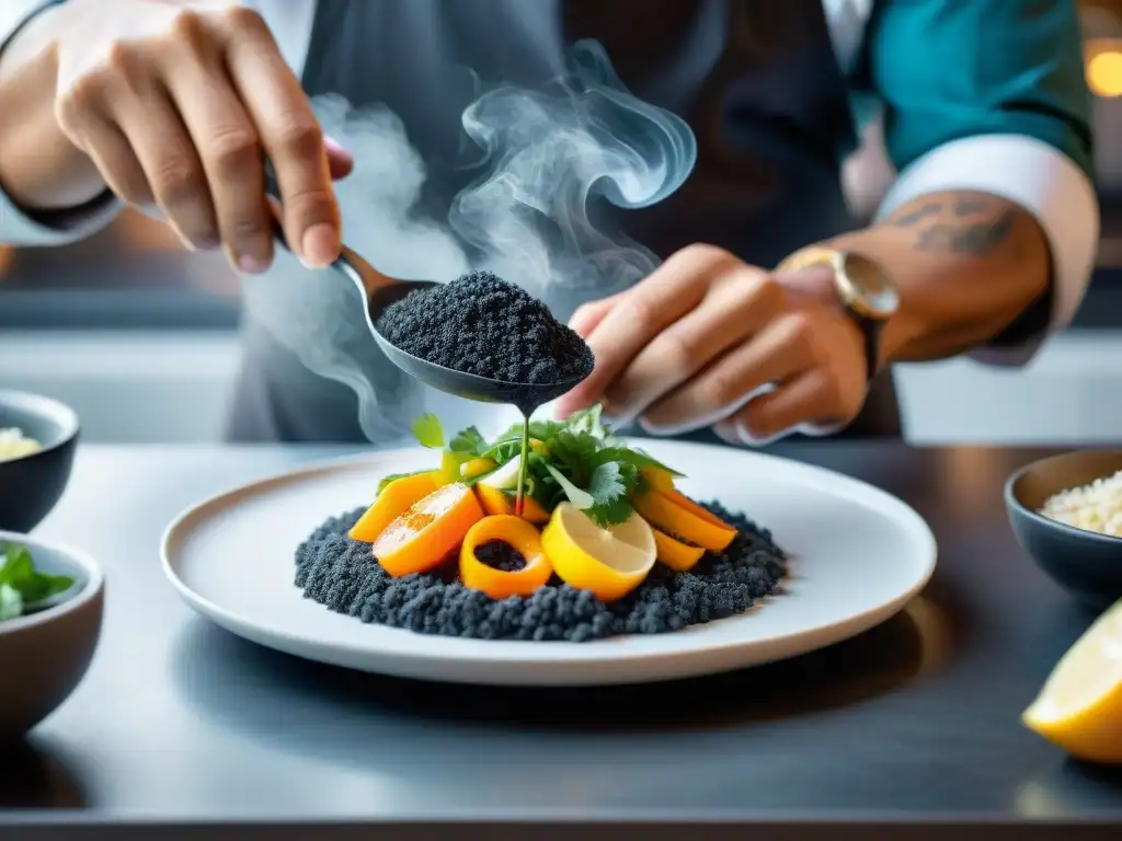 Un chef peruano experto añade carbón activado a ceviche morado en una cocina moderna