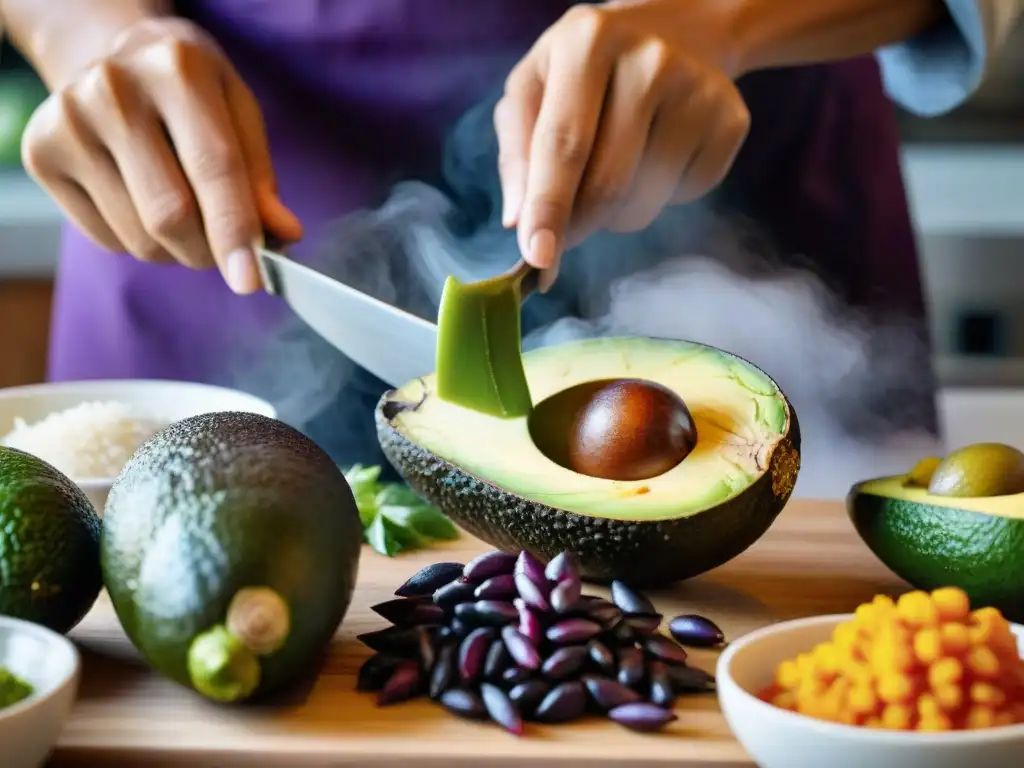 Un chef peruano experto preparando aji de gallina con ingredientes autóctonos en una cocina vibrante