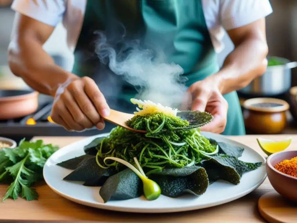 Un chef peruano experto incorpora algas en la cocina peruana con maestría, creando un plato tradicional