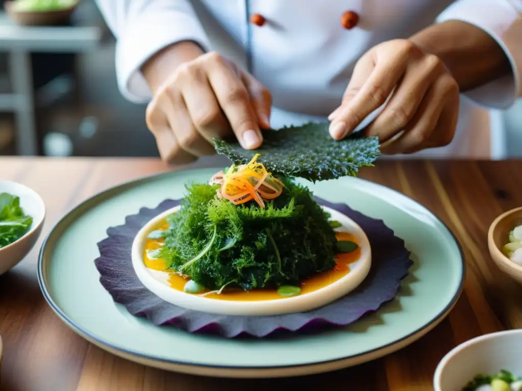 Un chef peruano experto encestando algas verdes en un ceviche, fusionando tradición e innovación culinaria