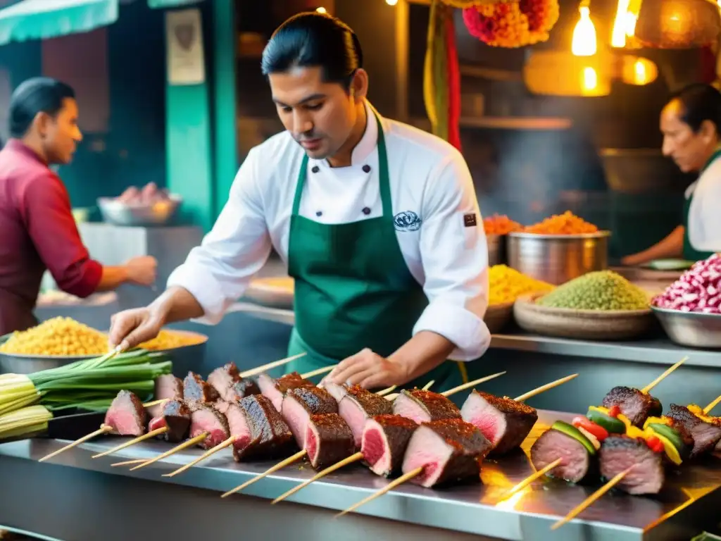 Un chef peruano experto preparando Anticuchos de Corazón en mercado limeño