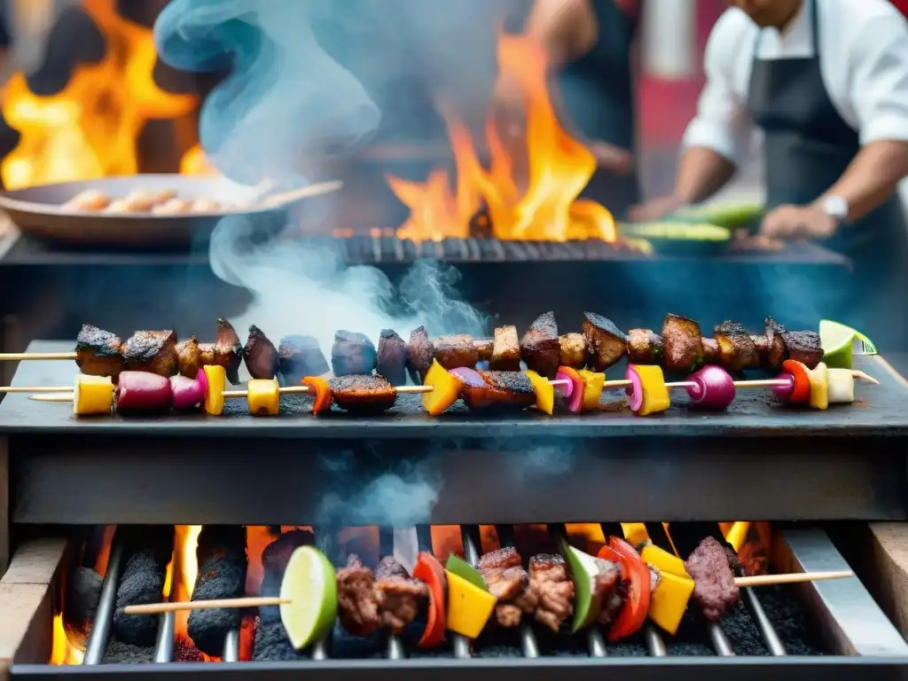 Un chef peruano experto preparando Anticuchos de Corazón sobre parrilla, en un mercado callejero