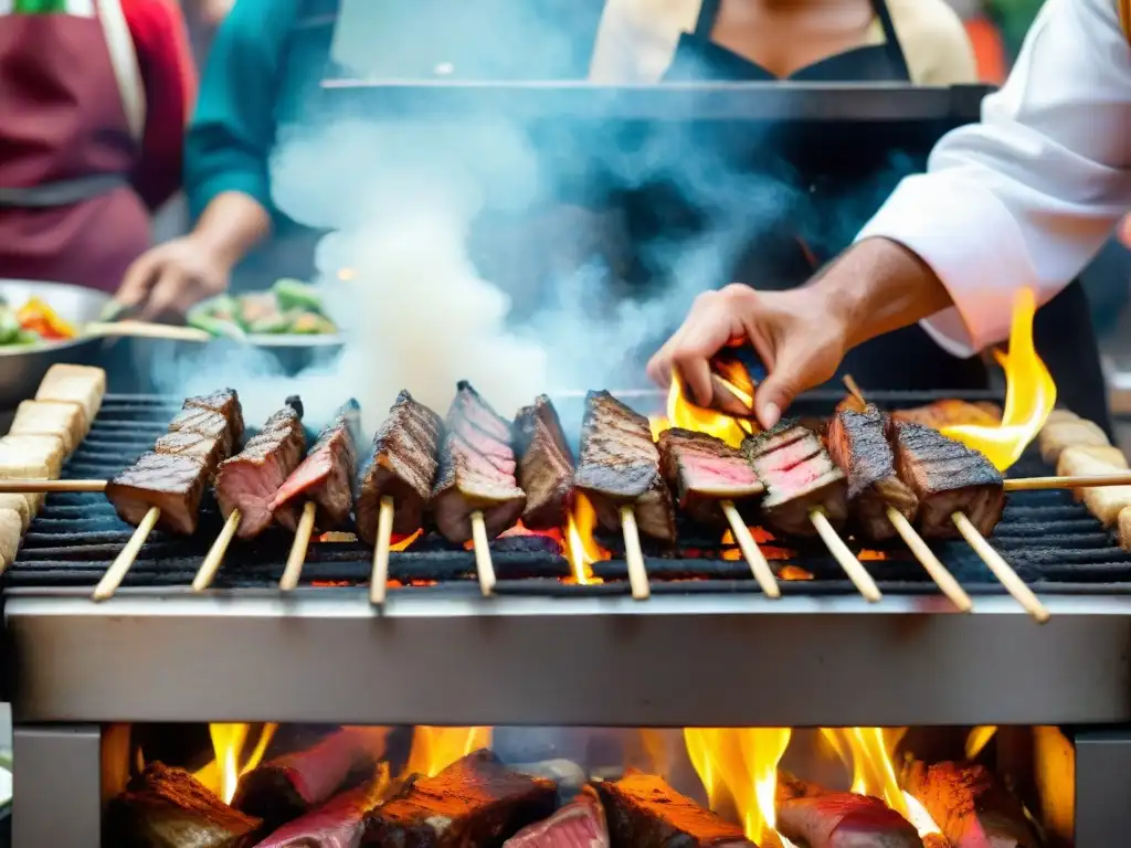 Un chef peruano experto preparando anticuchos en una parrilla, en un animado mercado callejero