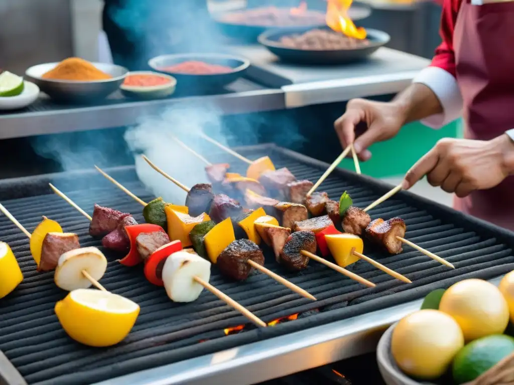 Un chef peruano experto preparando anticuchos de corazón en parrilla, capturando la esencia de la receta tradicional