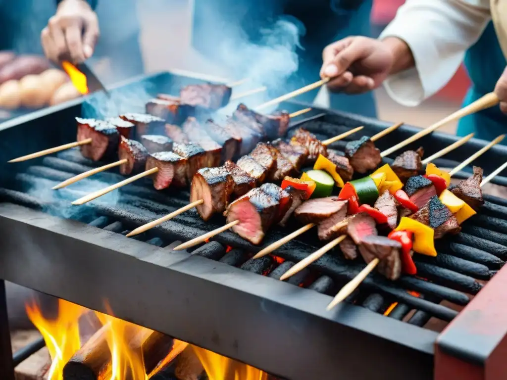 Un chef peruano experto asando anticuchos en una parrilla, demostrando técnicas de barbacoa peruanas en un animado mercado callejero