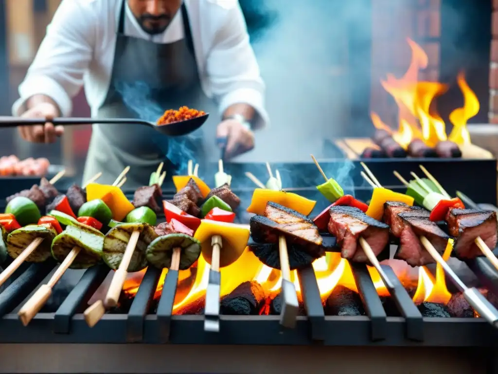 Un chef peruano experto preparando anticuchos a la parrilla en un bullicioso mercado lleno de colores y especias